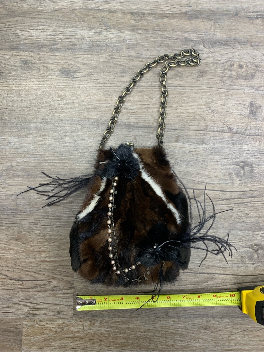 Mary Frances Brown Black and White Fur and Feathered Mini Evening Bag